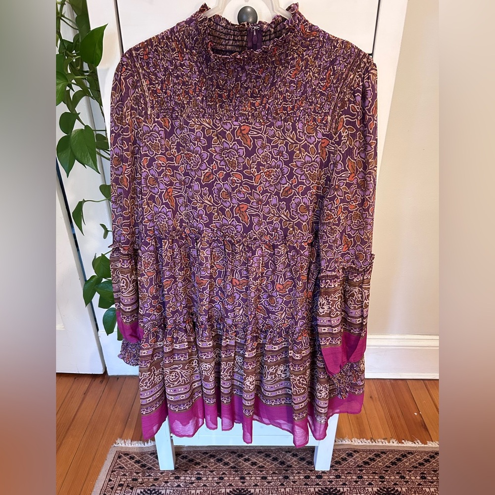 Karlie women’s large brown floral chiffon metallic thread dress fall flowy boho